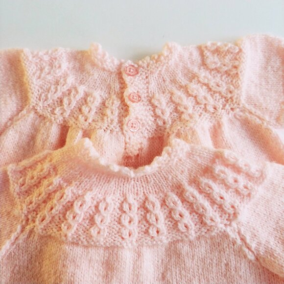 2 Piece Hand-Knit Light Pink Baby Dress and Matching Cardigan - Picture 13 of 15